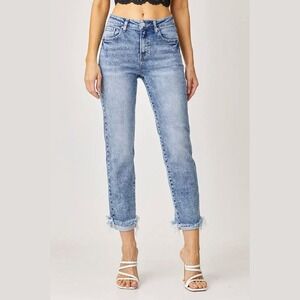 Risen Jeans Mid Rise Girlfriend Womens 11/30 Straight Leg‎ Acid Wash Denim Raw